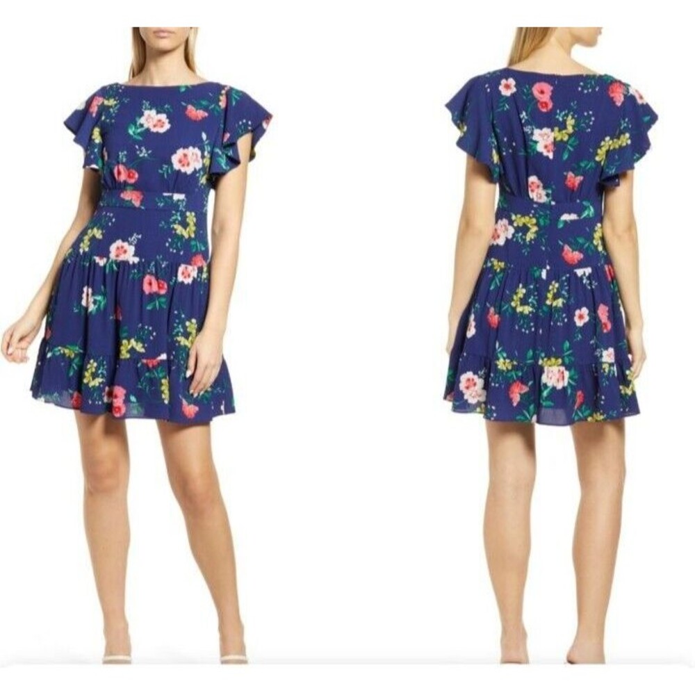 Eliza J Flutter Sleeve Floral Dress Sz 10 Navy Tiered Ruffle Hem Boho Event NWOT - Picture 2 of 10